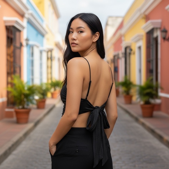 luxury designer Tops - Black Silk Knit Jersey Sheer Camisole Top ties at back